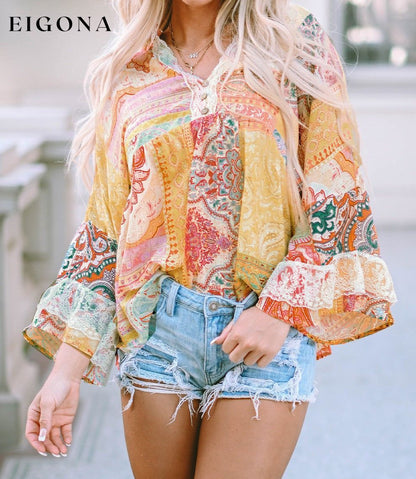 Multicolor Paisley Print Bell Sleeve Lace V-Neck Button Sheer Blouse Multicolor 100%Polyester All In Stock Best Sellers clothes Early Fall Collection long sleeve shirt long sleeve shirts long sleeve top long sleeve tops Occasion Daily Print Paisley Season Spring shirt shirts Style Bohemian top tops