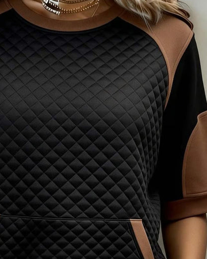 Crew Neck Patchwork Diamond Pattern Blouse