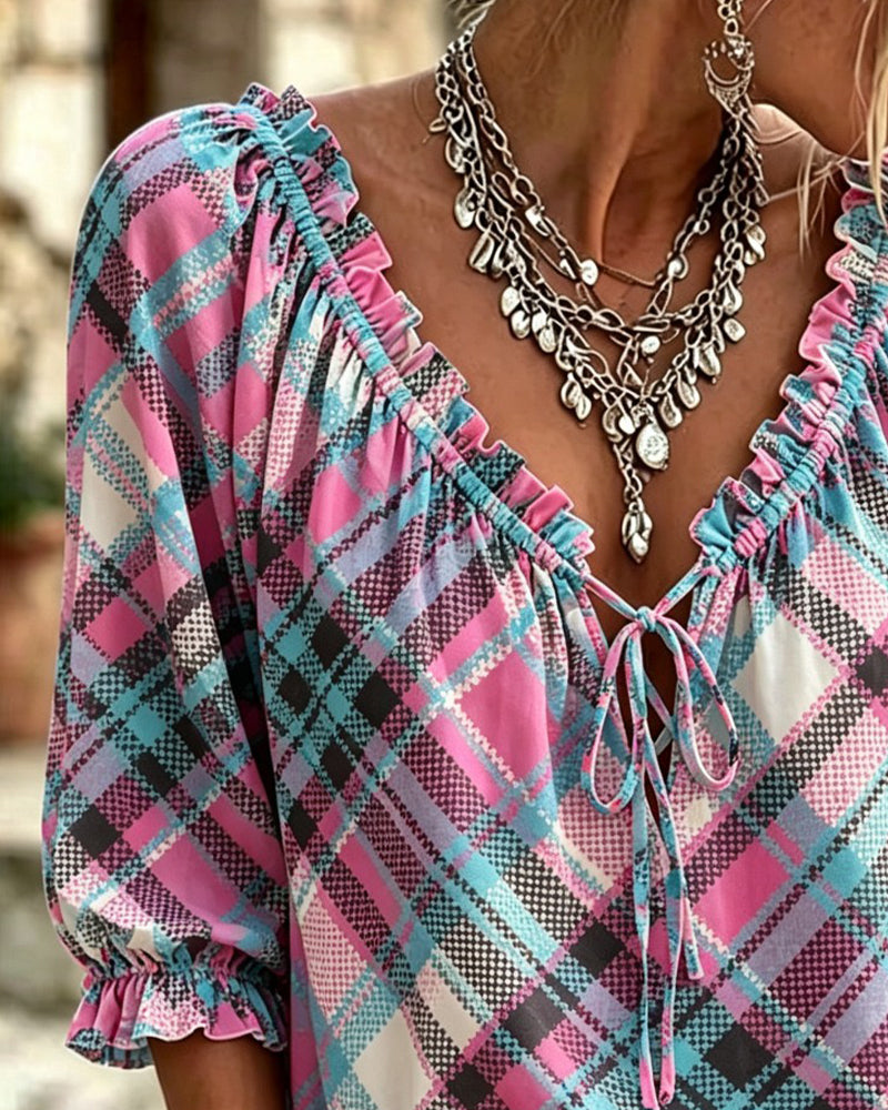 Ruffle Trim Tie Front Plaid Blouse blouses & shirts spring summer