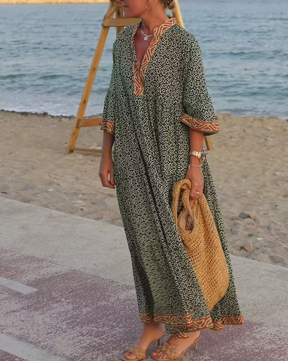 V-Neck Three-Quarter Sleeve Print Vacation Dress