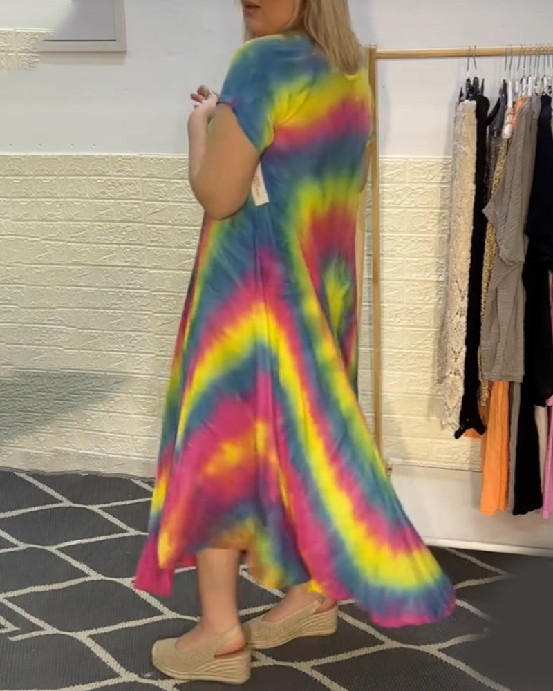 Colorful tie-dye V-neck short-sleeved dress casual dresses summer