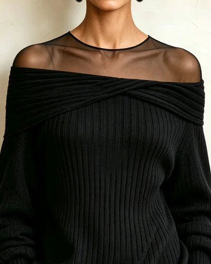Off-Shoulder Asymmetric Mesh Pullover