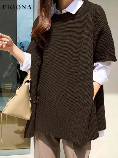 Plus Size Round Neck Slit Short Sleeve Sweater Chocolate clothes M@Z@L Ship From Overseas