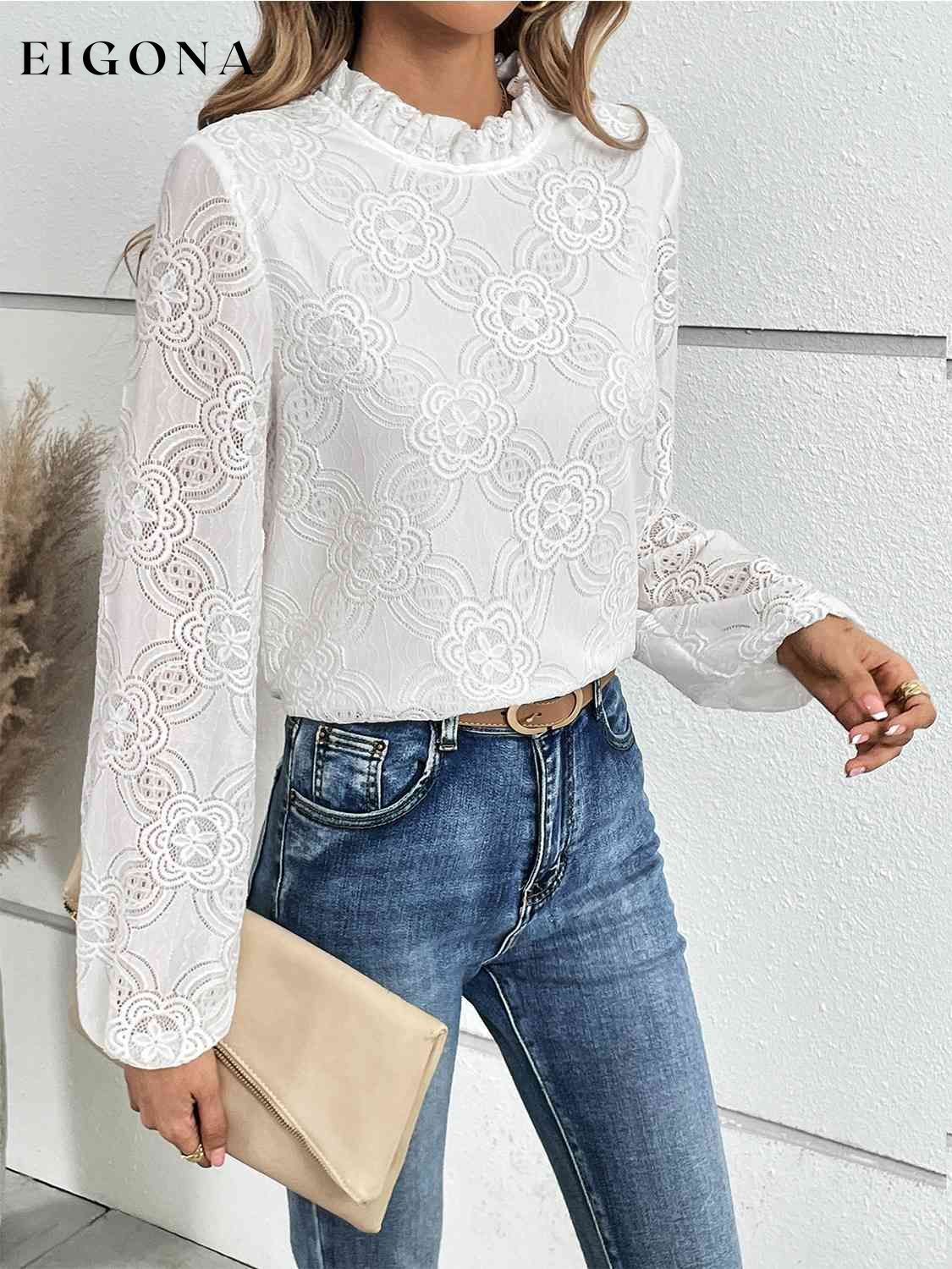 Eyelet Round Neck Long Sleeve Blouse clothes HS Ship From Overseas