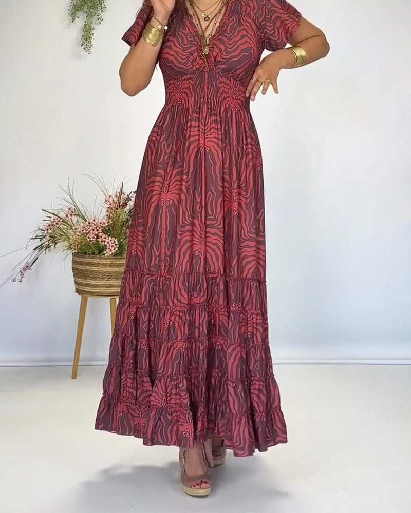 Bohemian V-Neck Pleated Long Dress
