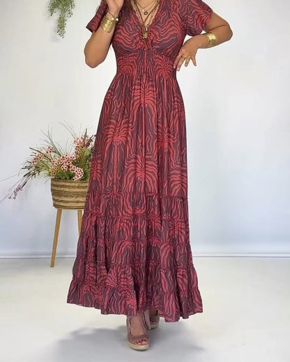 Bohemian V-Neck Pleated Long Dress