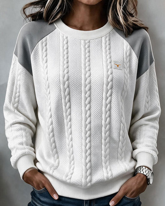 Crew Neck Cable Knit Color Block Sweatshirt
