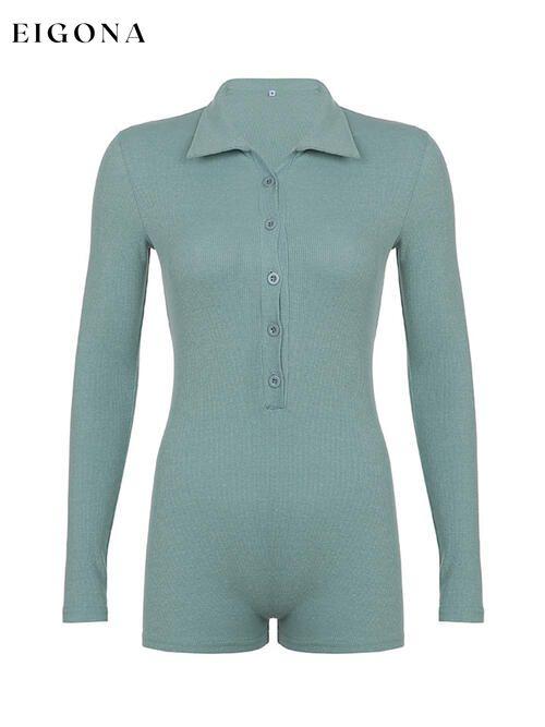 Ribbed Half Button Collared Neck Loungewear Casual Romper clothes lounge lounge wear loungewear O&Y&W Rompers Ship From Overseas