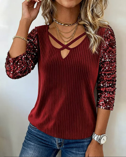 Sequin Panel Long-Sleeved Top