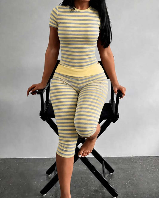 Crew Neck Stripe Short Sleeve Set spring summer two-piece sets