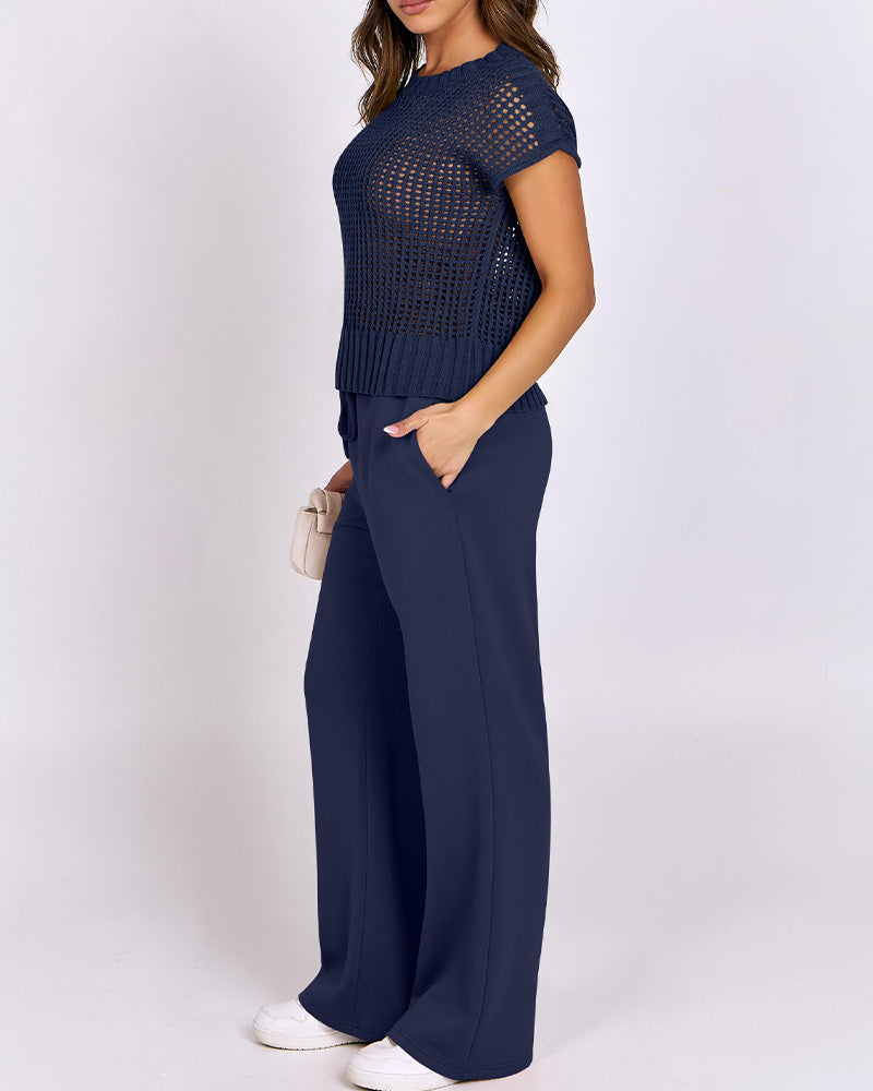 Crew Neck Short Sleeve Hollow-Out Pullover Set