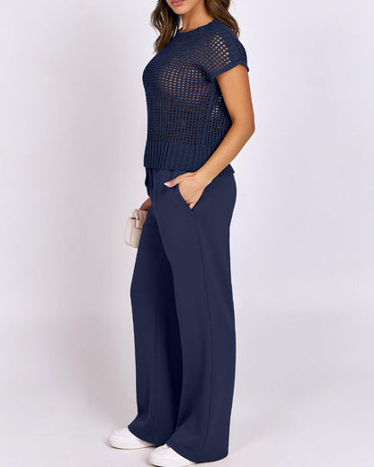 Crew Neck Short Sleeve Hollow-Out Pullover Set