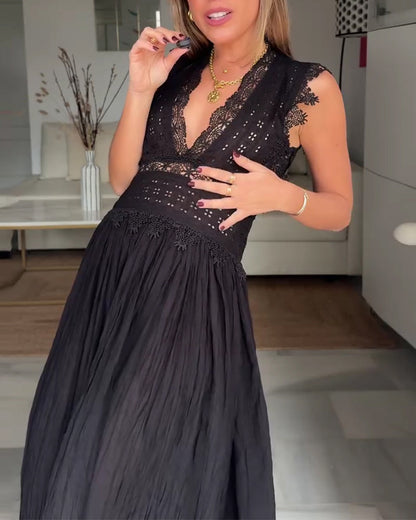 Lace Deep V Halter Long Dress