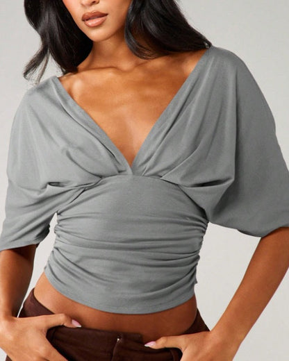 V-Neck Batwing Sleeve Waist Tie Top