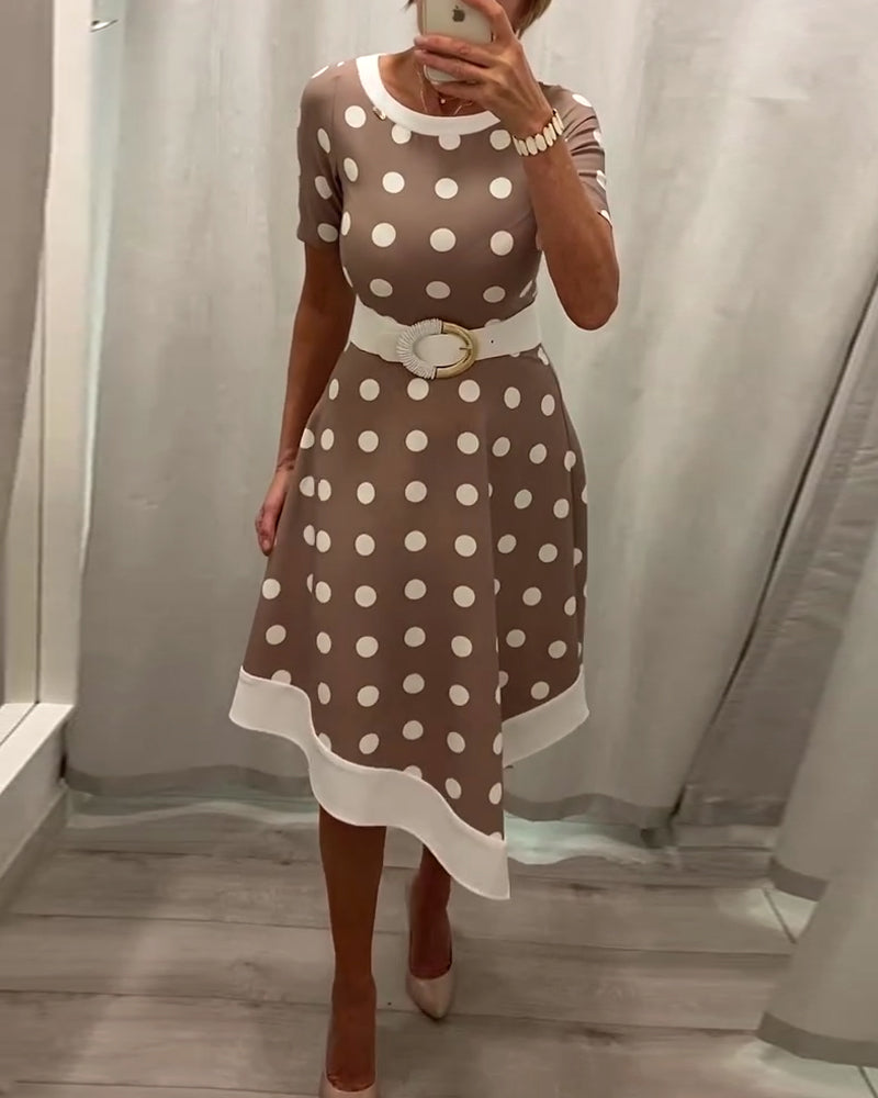 Elegant polka dot print round neck A-line dress casual dresses spring summer