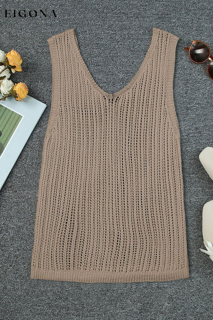 Khaki Hollowed Knit V Neck Tank Top All In Stock clothes Fabric Ribbed Fabric Textured Occasion Vacation Print Solid Color Season Summer Size S To 2XL Style Casual tank tank top tops