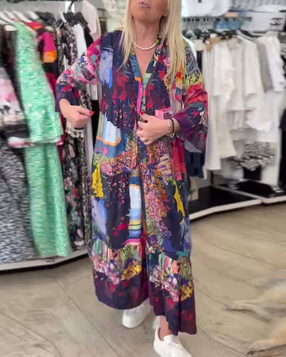 Swing-Kleid mit Trompetenärmeln und lockerem Print