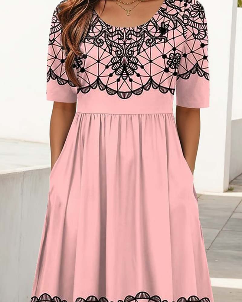 Round Neck Printed A-Line Dress