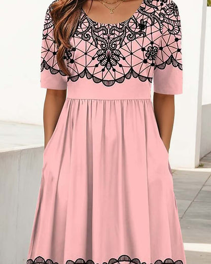 Round Neck Printed A-Line Dress