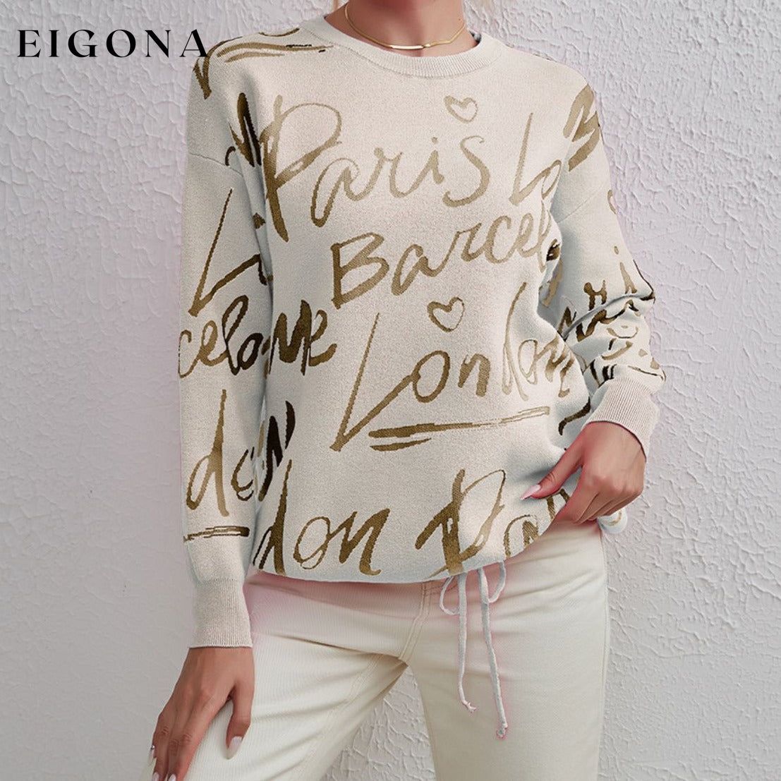 Letter Round Neck Drawstring Sweater Ivory One Size clothes H.Y@Maozhi long sleeve Ship From Overseas Shipping Delay 10/01/2023 - 10/03/2023 shirt sweater sweaters top