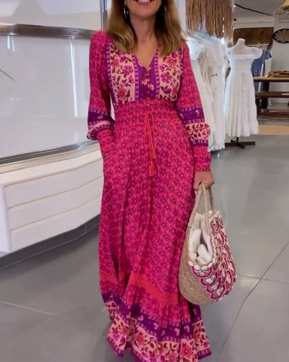 V-Neck Long-Sleeved Elegant Printed Dress