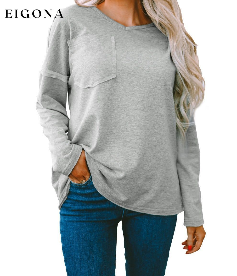 Gray Pocketed Oversized Drop Sleeve Top All In Stock clothes Craft Patchwork DL Exclusive Hot picks long sleeve shirts long sleeve top Occasion Daily Season Fall & Autumn Style Casual tops