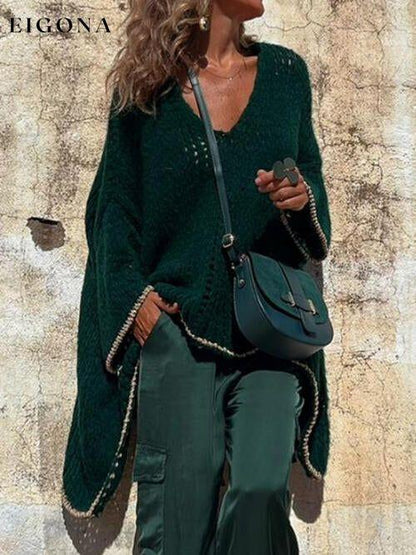 Contrast V-Neck Long Sleeve Sweater Green A@Y@M clothes Ship From Overseas Sweater sweaters Sweatshirt