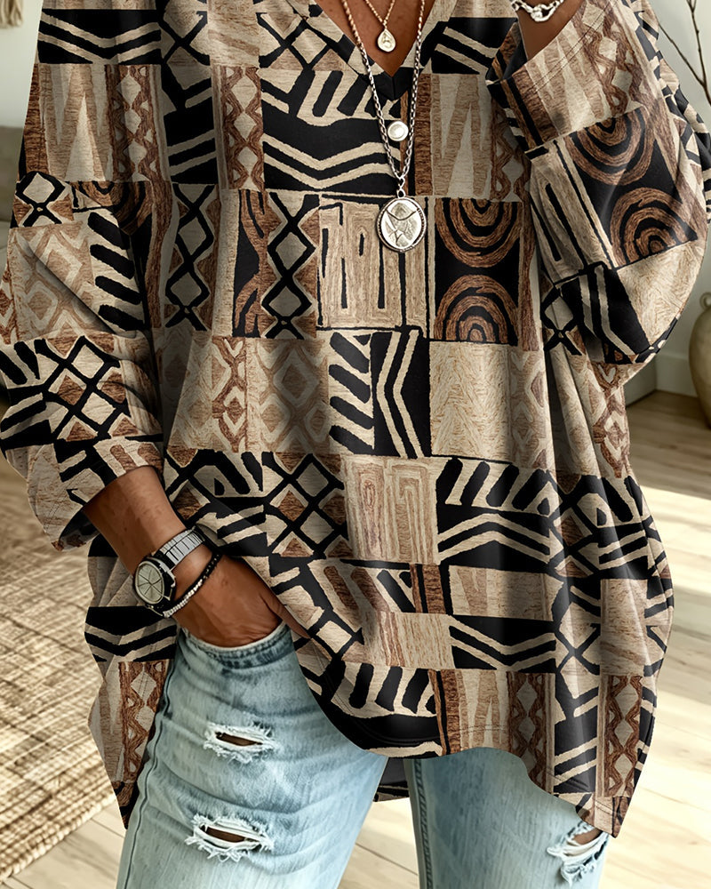 V-Neck Three-Quarter Sleeve Print Loose Top