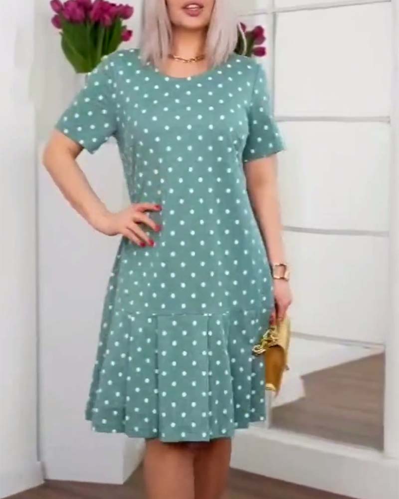 Polka dot print short sleeve casual dress Green casual dresses summer