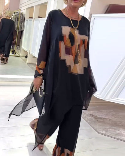 Temperament Long-Sleeved Printed Wide-Leg Suit