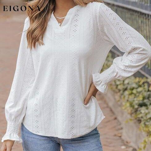 Openwork Notched Flounce Long Sleeve Blouse clothes long sleeve shirt long sleeve shirts long sleeve top long sleeve tops Ship From Overseas shirt shirts SYNZ top tops