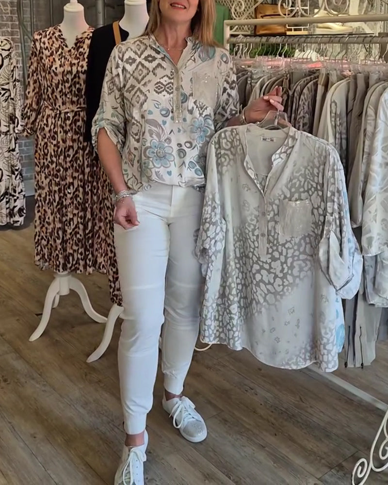 Button-Down V-Neck Printed Long-Sleeved Shirt