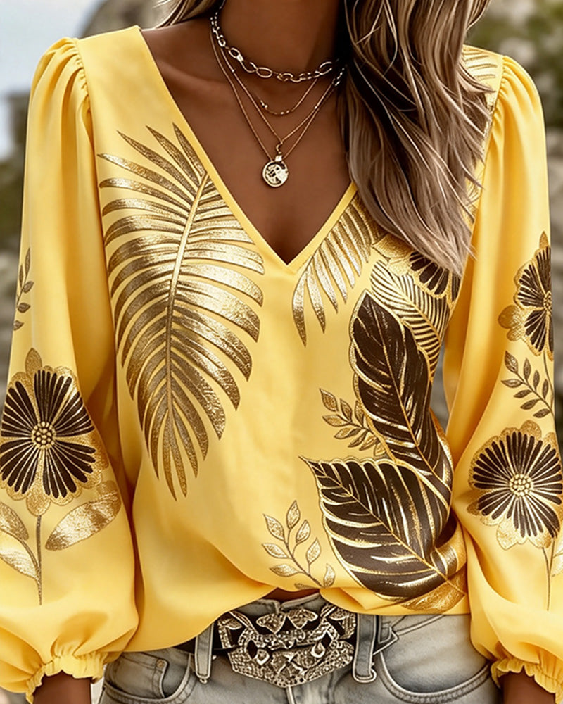 Tropical Plant Print Lantern Sleeve Top