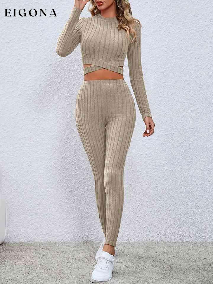 Crisscross Knit Top and Leggings Set Beige 2 pieces clothes M@Y set Ship From Overseas Shipping Delay 09/29/2023 - 10/04/2023 workout set