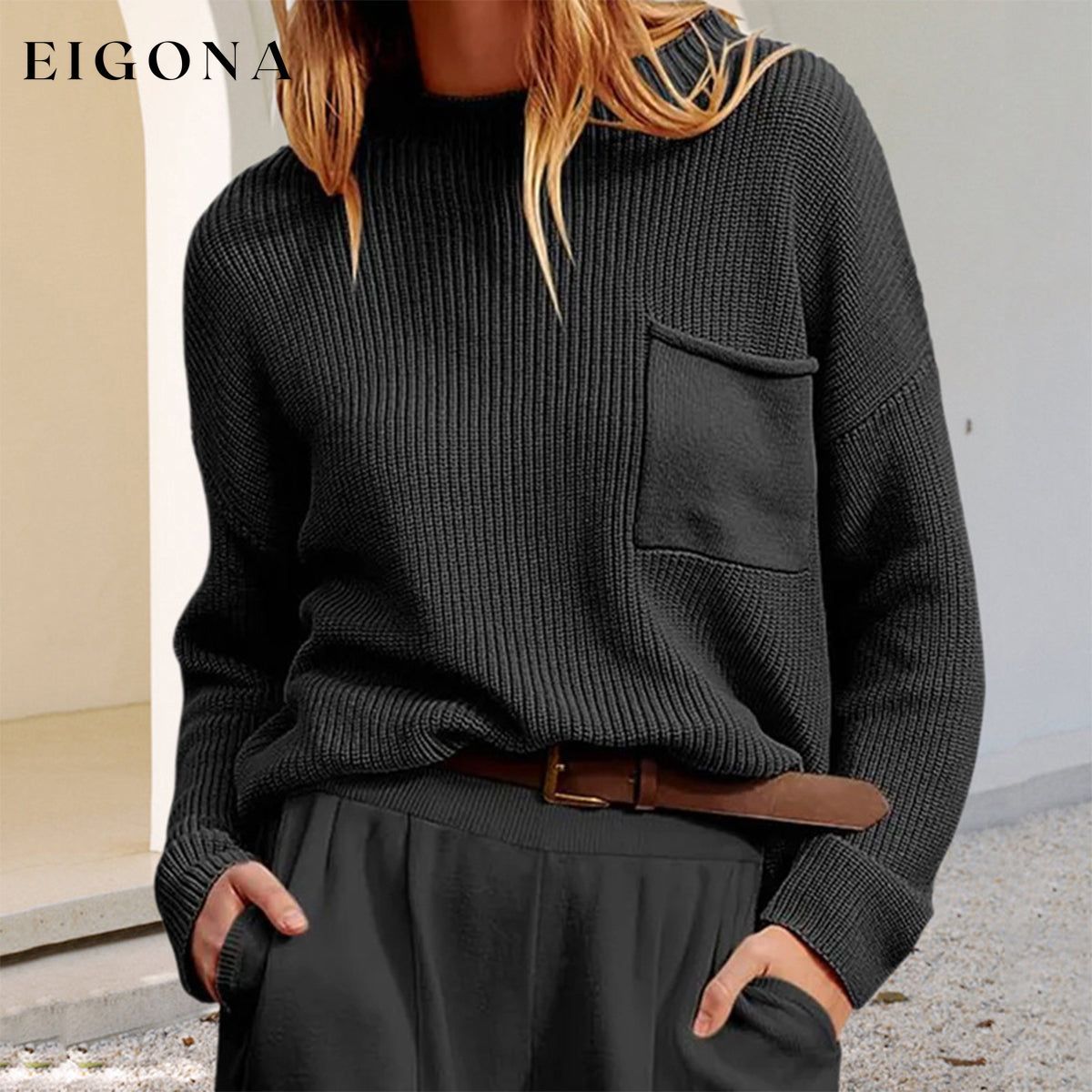 Rib-Knit Dropped Shoulder Sweater Black clothes G.JI Ship From Overseas Shipping Delay 09/29/2023 - 10/04/2023 Sweater sweaters
