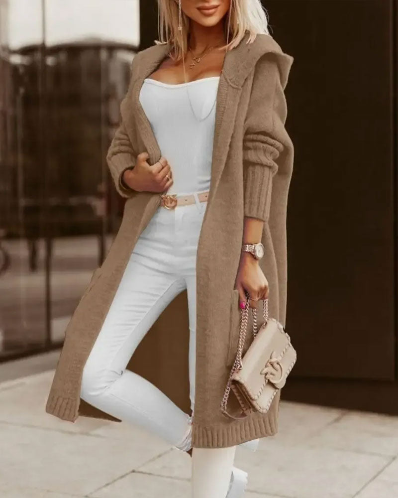 Hooded Pocket Open Front Knit Cardigan