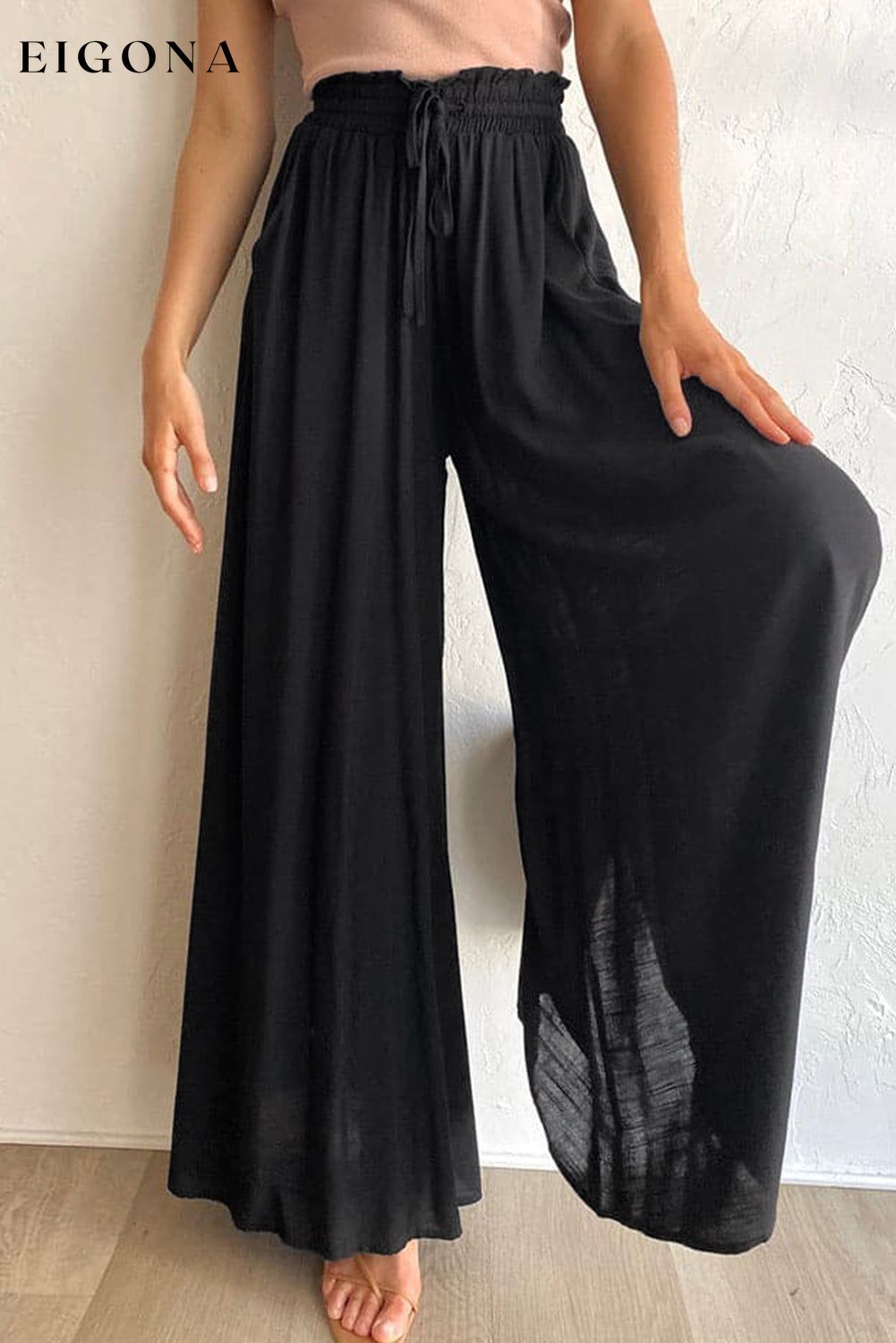 Black Drawstring Smocked High Waist Wide Leg Pants All In Stock bottoms clothes clothing Occasion Vacation Print Solid Color Season Summer Silhouette Wide Leg Style Casual wide leg pants Women's Bottoms