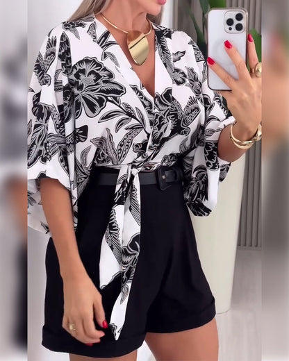 V-Neck Printed Lace-Up Short Blouse