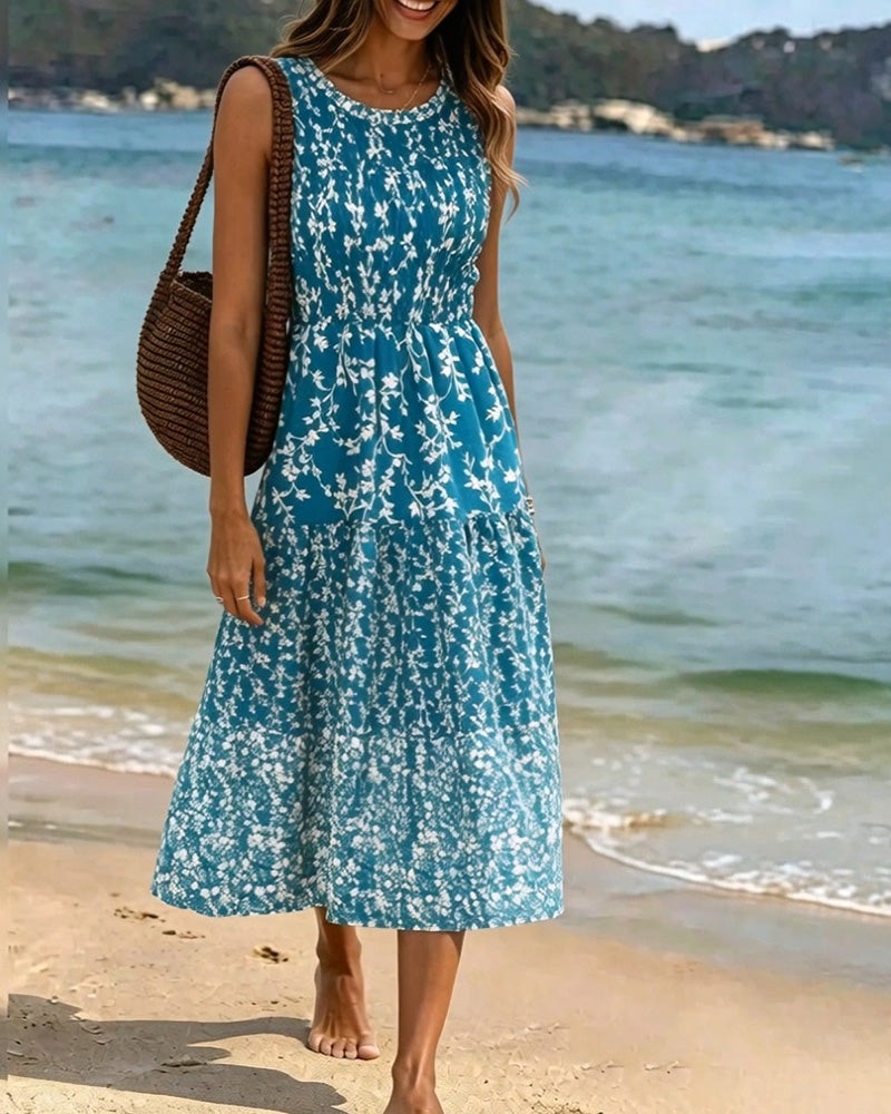 Sleeveless Floral Waist-Cinching A-Line Dress casual dresses spring summer