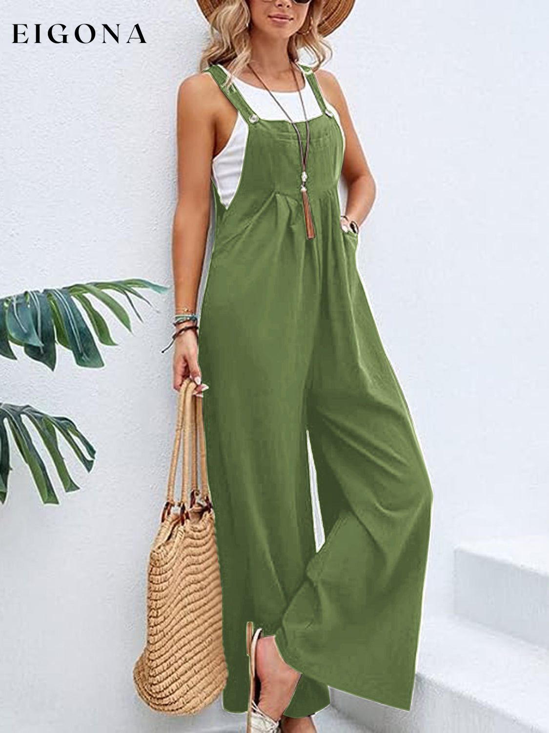 Full Size Wide Leg Overalls with Pockets Mid Green clothes Ship From Overseas Shipping Delay 09/29/2023 - 10/03/2023 trend Y@L@Y