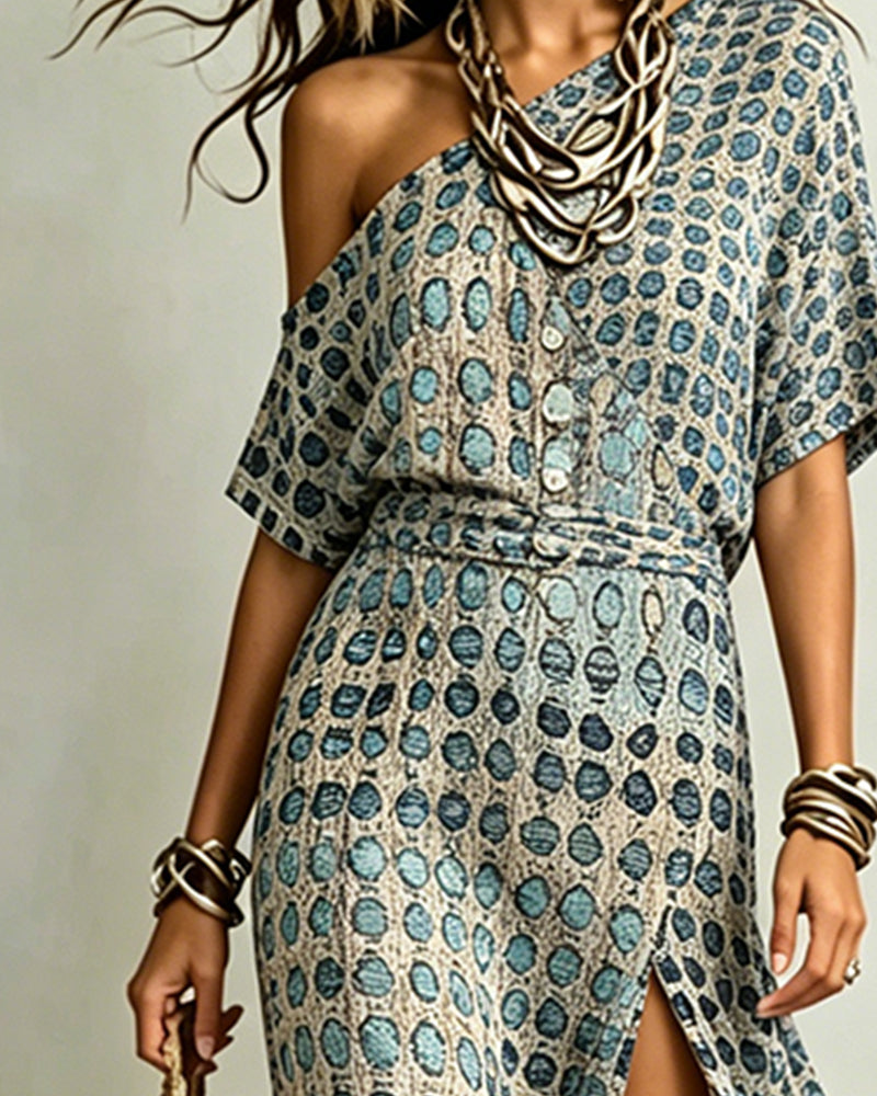 Off-Shoulder Polka Dot Slit Dress