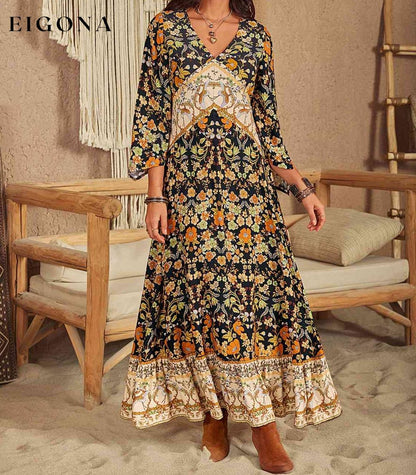 Floral V-Neck Midi Dress Multicolor clothes H.R.Z Ship From Overseas