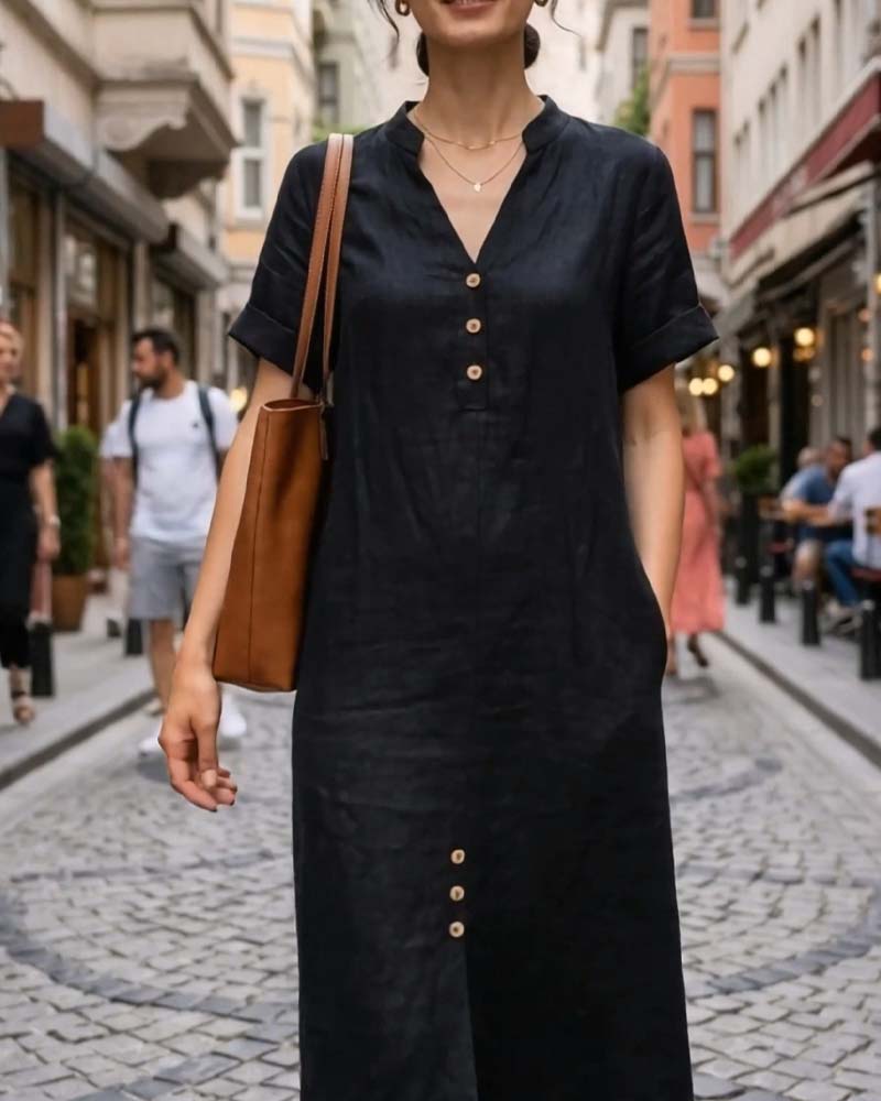 V-Neck Short Sleeve Button Dress
