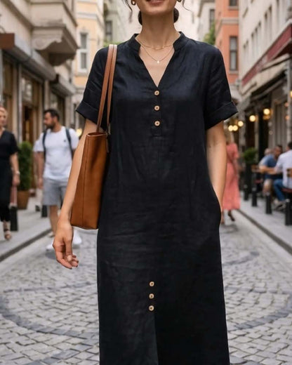V-Neck Short Sleeve Button Dress
