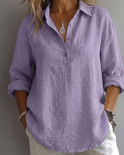 Solid Color Lapel Half-Placket Long Sleeve Blouse