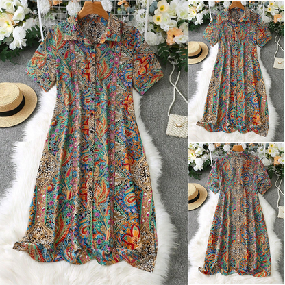 Lapel buttoned retro colorful dress casual dress summer