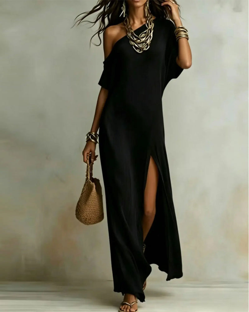 Off-Shoulder Slit Batwing Sleeve Dress