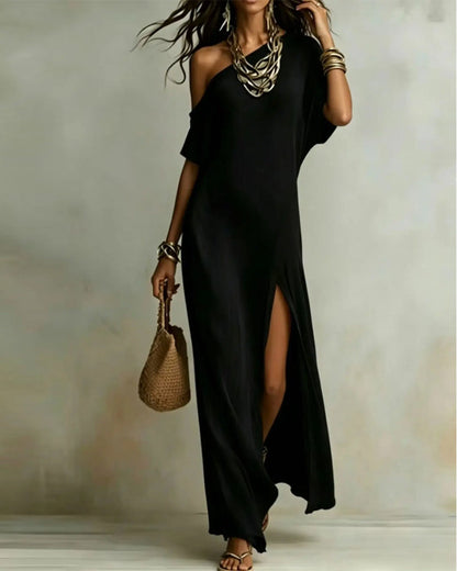 Off-Shoulder Slit Batwing Sleeve Dress