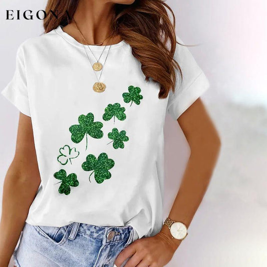 Clover Print Casual T-Shirt White best Best Sellings clothes Plus Size Sale tops Topseller