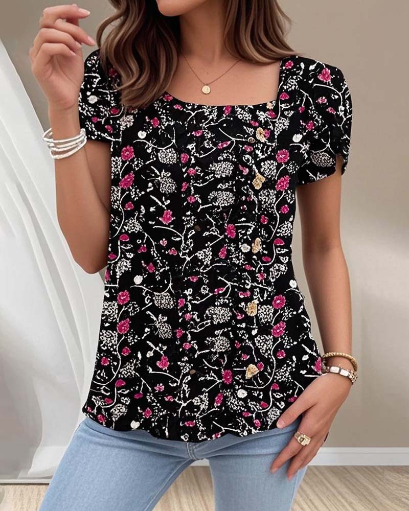 Casual Short Sleeve Floral Square Neck Top